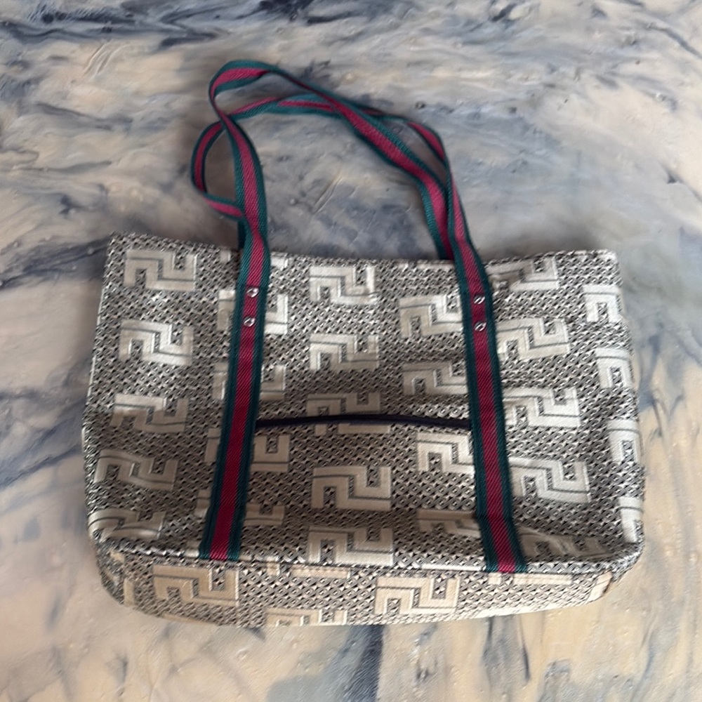 Stylish Patterned Tote Bag with Green and Red Straps